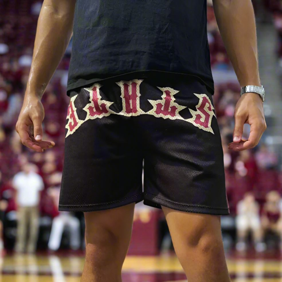 Florida State University (FSU) Black Upside Down Mesh Shorts for gamedays and tailgates